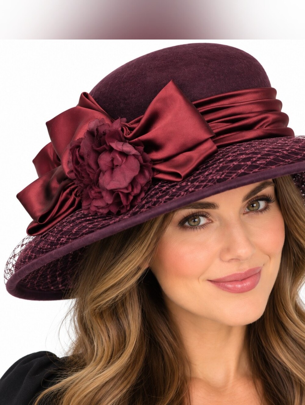 Plaza Suite New York Women's Burgundy Wool Wide Brim Hat Satin Bow Flower Vintag